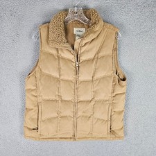 LL Bean Vest Womens L Tan Goose Down Faux Suede Sherpa Collar Puffer OGDD3