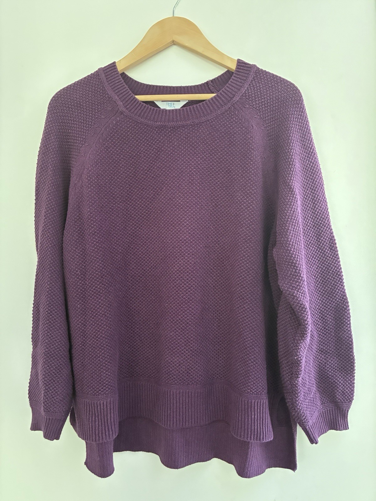 Time And Tru Womens Solid Purple Sheer Cotton Blend Rib-Knit Crewneck Sweater XL
