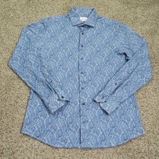 Emanuel Berg Dress Shirt Mens 16.5 42 Large Blue Paisley Modern Stretch Jersey