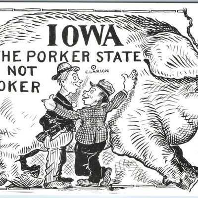 c1950s Iowa The Porker State Not Poker Pig Shape Map Clarion Cartoon A378