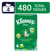 Kleenex Lotion Facial Tissues w/ Coconut Oil – 4 Flat Boxes, 3-Ply (120 ct each)