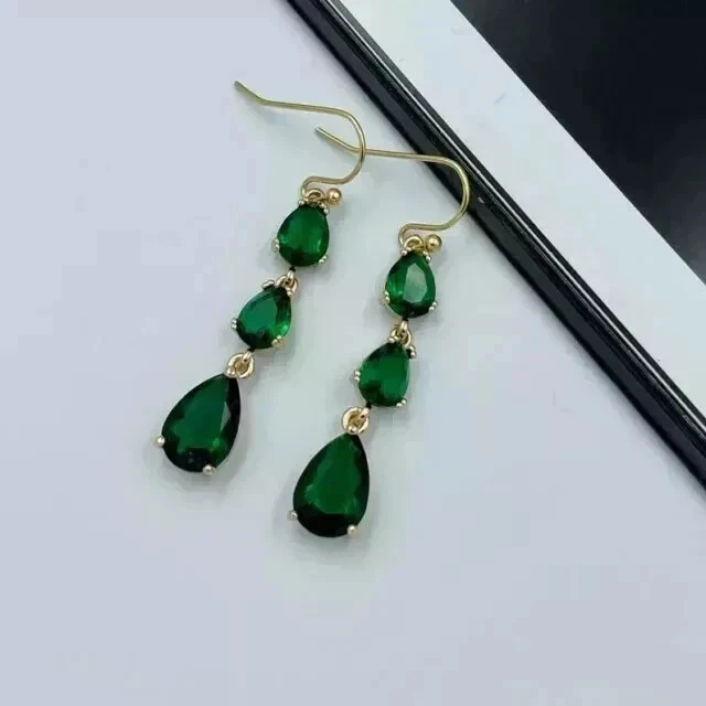 4Ct Pear Cut Lab Created Emerald Drop Dangle Earrings 14K Yellow Gold Plated - Image 2 of 4