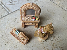 Cute Resin Collectables Teddy Bear  Wicker Dresser and Rockinghorse Figurine Set