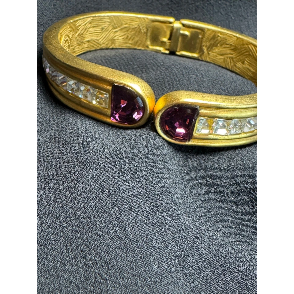 Vintage Givenchy Gold-Tone Cuff Bracelet w/ Purple & Clear Crystals - Image 3 of 4