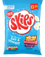 Skips  Salt & Vinegar Crisps 1 Case Of 16 Bags x 45g **Full Box **