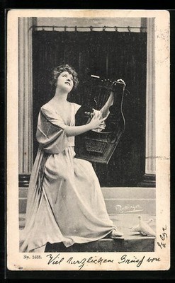 Postcard Young Lady Playing on a Small Harp 1906 