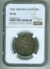 U.S. 1853 ARROWS & RAY SEATED LIBERTY SILVER HALF DOLLAR NGC VF-35