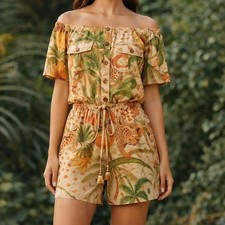 Farm Rio Romper Tropical Jungle Print Linen Blend Excellent XS