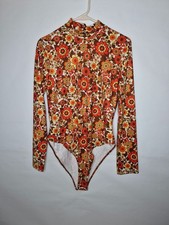 Shein Floral Boho Long Sleeve Mock Neck Bodysuit Orange Brown Yellow Womens XL