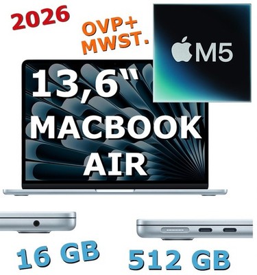   Apple MacBook AIR 13,6'' M5   16GB, 512GB, himmelblau OVP MDHH4D/A | Rg.-MwSt.