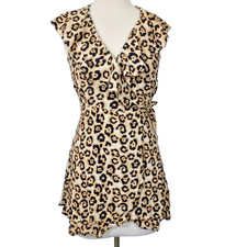 SANCTUARY Ruffled V Neck Mini Wrap Dress Leopard Women Size Small Sleeveless