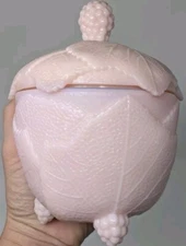 Vintage 6.5” Fostoria Pink Milk Glass Grape Leaf Footed Candy Lidded Jar Dish