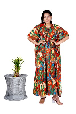 Indian Cotton Red Frida Kahlo 100% Cotton Kaftan Dress Night Maxi Dress Gown US