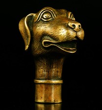Rare lucky Handmade Bronze Carving Dog Collect Cane Walking Stick Head Statues