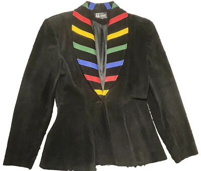 Vintage 80s Suede Leather Trim Blazer Jacket Rainbow Lapel One Button Sz 7/8