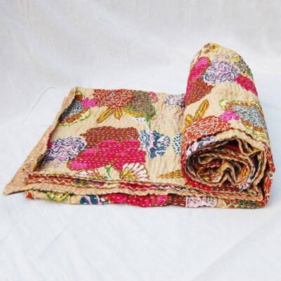 Indian Kantha Quilt Reversible Beige Fruit Print Handmade Bedspread Cotton Throw