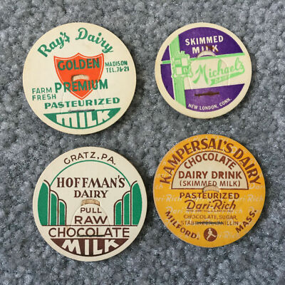 Lot of (4) VINTAGE DAIRY MILK BOTTLE CAPs Hoffman's Ray's Michael's Kampersal's