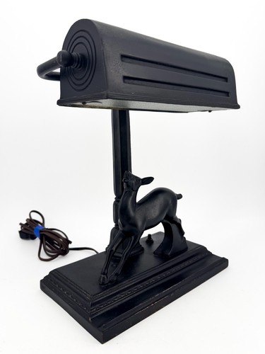Vtg Signed FRANKART Antique Figural DEER Desk Banker's Lamp Art Deco Black Metal - Picture 11 of 23