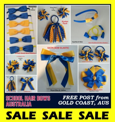 ROYAL BLUE YELLOW SCHOOL HAIR ACCESSORIES BOWS CLIPS ELASTICS