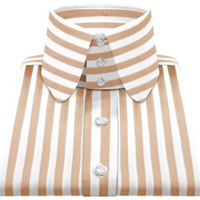 Men's Dress Shirt Vintage High Penny Peter Pan Collar Brown White Awning Stripes