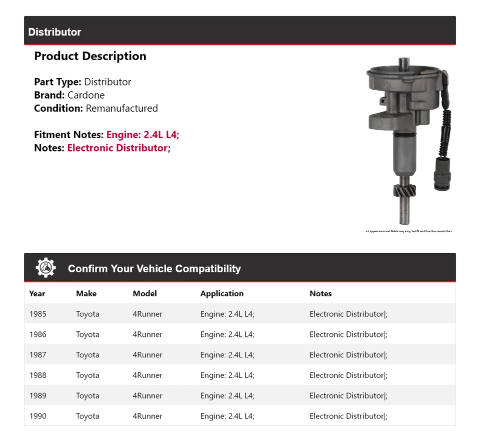 Para Toyota 4Runner 1985-1990 2,4 L L4 Distribuidor Cardone 1986 1987 1988 1989 Foto 2 de 4