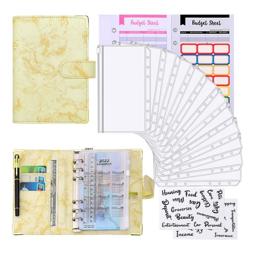 A6 Budget Binder with Marble Texture Pattern PU Leather Notebook Cover C8Z4