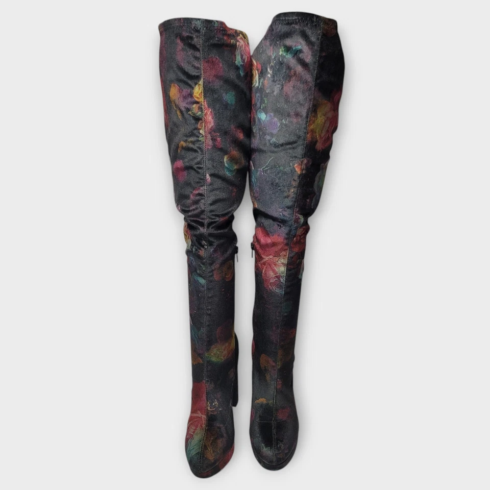 Bota Madden Girl Groupie Negra Floral Terciopelo Sobre la Rodilla Plataforma Tacón Talla 9 Foto 2 de 4