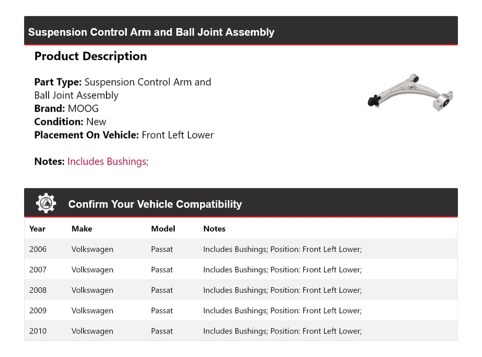 Brazo de control delantero izquierdo inferior MOOG 2006 2007 2008 para Volkswagen Passat 2006-2010 Foto 2 de 4