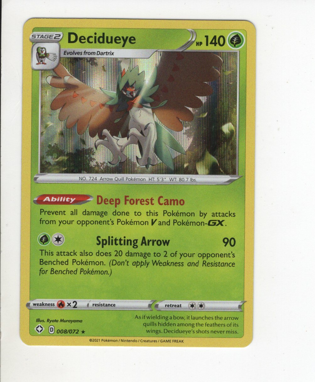 DECIDUEYE SHINING FATES RARE HOLO-FOIL POKEMON CARD 008/072 NM/M