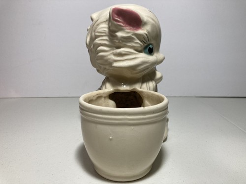 Vintage Kitty w/ Pink Bow & Bowl White Porcelain Planter Mid Century Modern - Picture 2 of 6