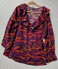Womens Button Down Blouse Terra & Sky 4X (28/30) Multicolor With Ruffle NEW