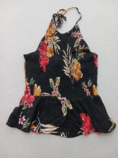 Patrons of Peace Tank Top S Black Floral Smocked Halter Ruffle Tropical Tank