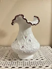 Fenton Milk Glass Vase Spanish Lace Hand Painted Purple Flowers Plum Crest