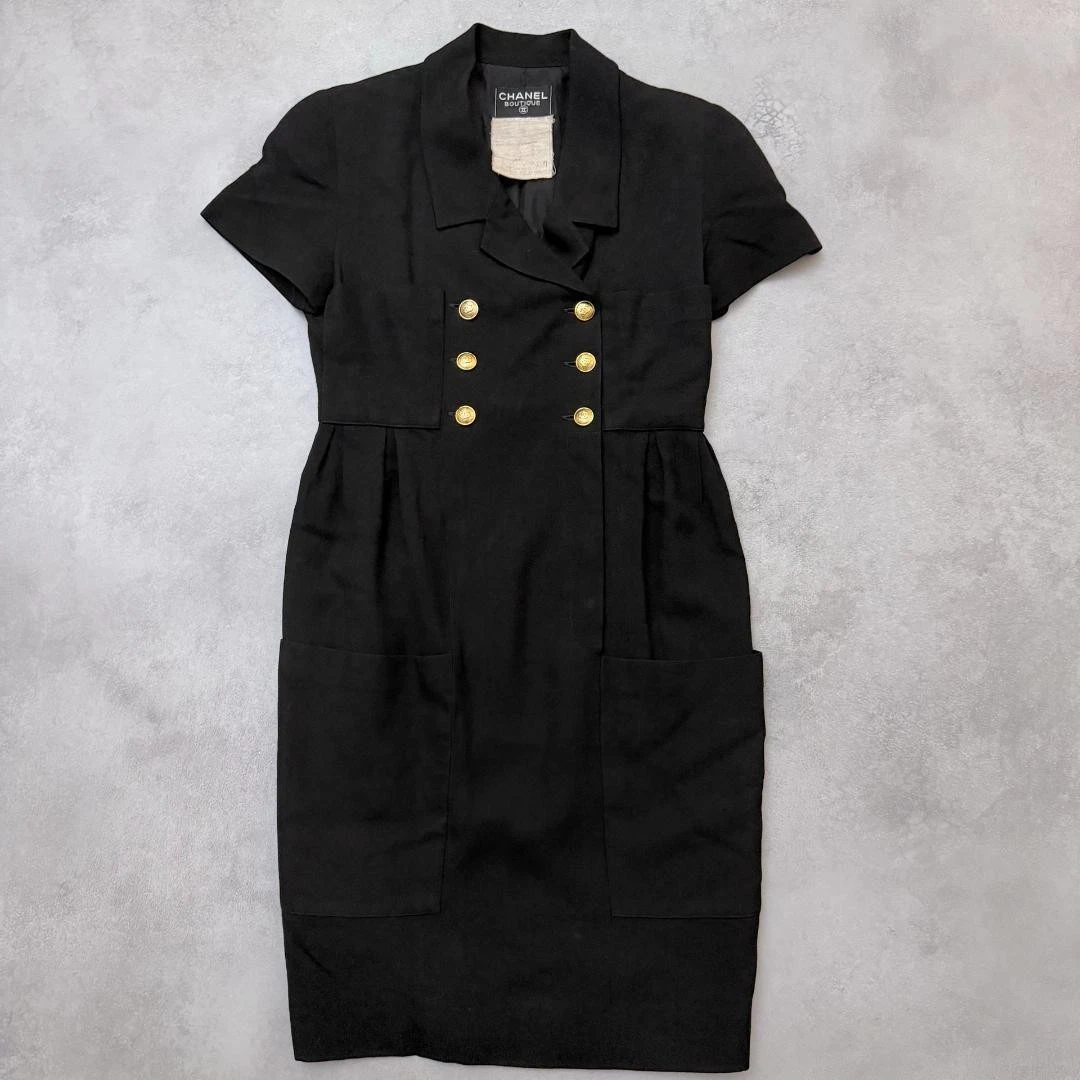 Chanel — CHANEL Vintage Double Breasted Dress Black Gold Coco Button Rayon  SR2056