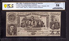 1861 20 Confederate States Of America Contemporary Ctft Ct-20 Pcgs Ch Au 58 Net 1861 20 Confederate States Of America Contemporary Ctft Ct-20 Pcgs Ch Au 58 Net