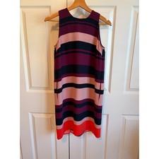 Ann Taylor Petite Sleeveless Shift Dress Pink Plum Striped Pockets SP