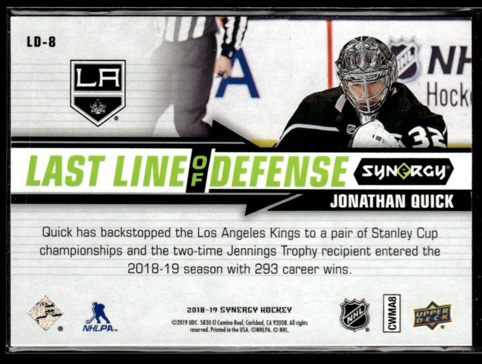 2018-19 Upper Deck Synergy Last Line Of Defense Jonathan Quick #LD-8 - Image 2 of 2