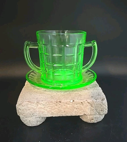 Fed. Vaseline Depression Saucer & Hazel Atlas Colonial Uranium Block Sugar Bowl