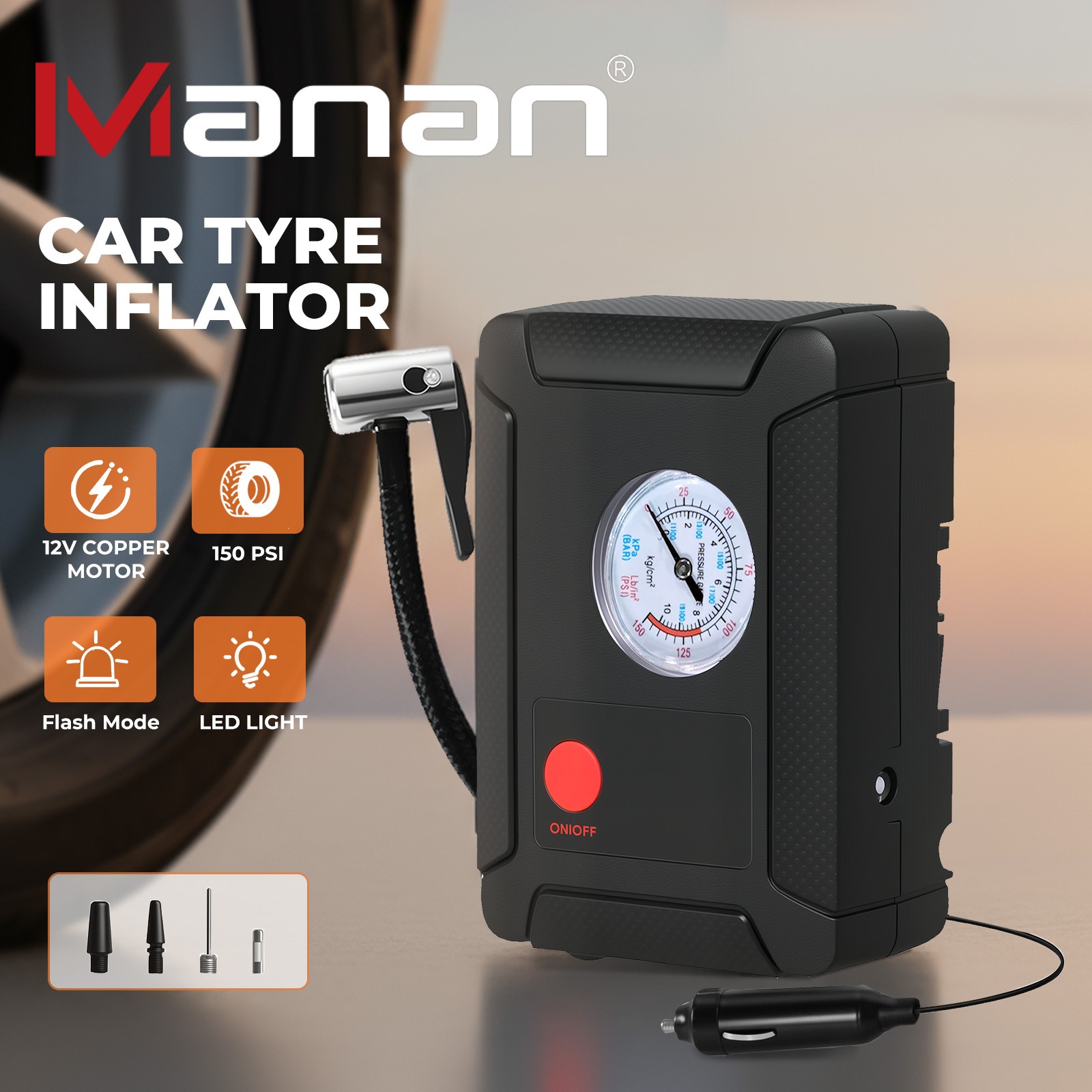 Manan Car Tyre Inflator Air Compressor Pump Portable Eelectric Digital 150PSI