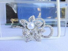 White Rhinestone Flower 2" Brooch Pin Silver Plate 10MM Faux Pearl Center