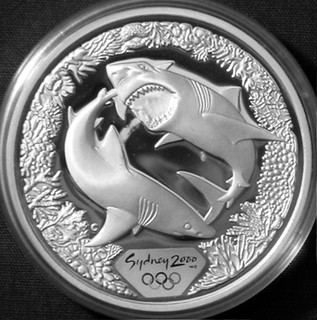 Australia 5$ Plata Prueba 2000 Sydney Olympic Gran Tiburón Blanco 999Ag 1.02oz ASW