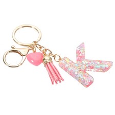 Initial Letter Keychain, Letter K Heart Design Charm with Tassels, Pink