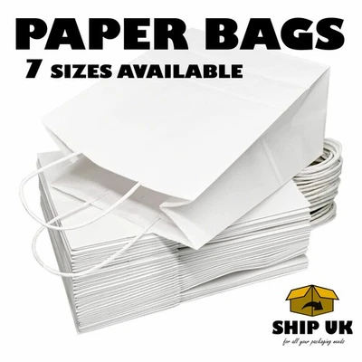 White Paper Bags With Handles 50 100 Party Bags Gift Twisted Handle Carrier Bags - Image 1 of 4