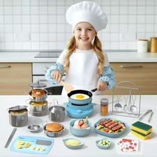 Kids Cooking Set Real Mini Tools Stove Burner Knife Blue Educational Toy 8-12