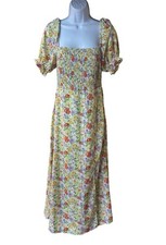 ASTR The Label Green Coral Floral Smocked Puff Sleeve Midi Dress M Cottagecore