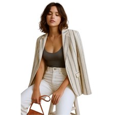 Talbots Aberdeen Knit Textured Pin Striped Cream Blazer - Size 4