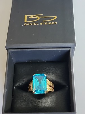 Daniel Steiger Damen Ring 925 Gold Plättchen Blautopas Größe 7,5 Originalkarton