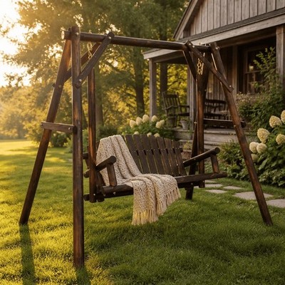 6.5ft Wooden Garden Porch Swing with Stand Carbonized Yard Loveseat Bench 600lbs