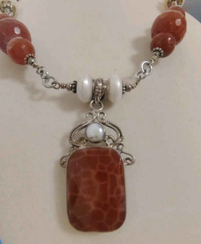 ​925 Sterling Silver Fire Agate Pearl Statement Beaded Pendant Necklace 16+2"