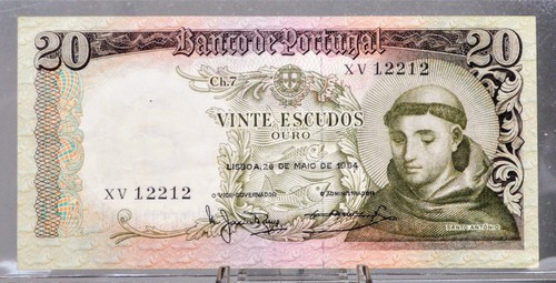 1964 Bank of Portugal 20 Escudos Note - Santo Antonio Type - Green Underprint -